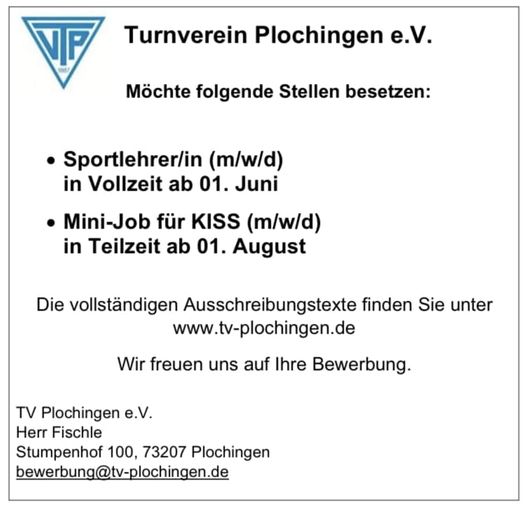 Hast Du Interesse an einem Job im Turnverein Plochingen? Der Hauptverein hat fol